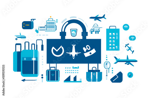 Abstract illustration of travel security featuring icons of planes, luggage, locks, and control signs in blue tones photo