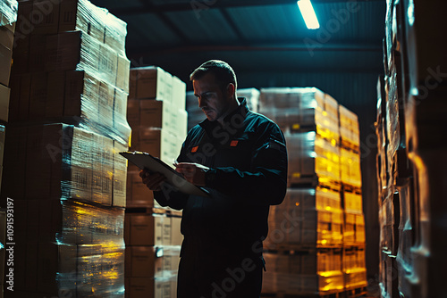 Warehouse worker inspecting goods with a clipboard surrounded by pallets in dim lighting