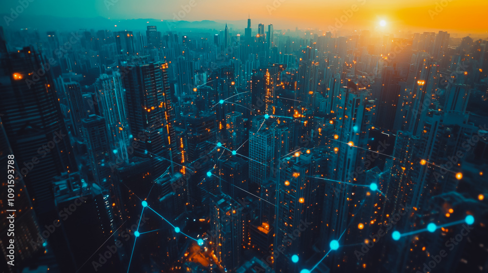 Obraz premium Smart digital Innovation Business skyscrapers in the Financial District with connection network reciprocity over the cityscape. of future smart wireless digital city and social media networking