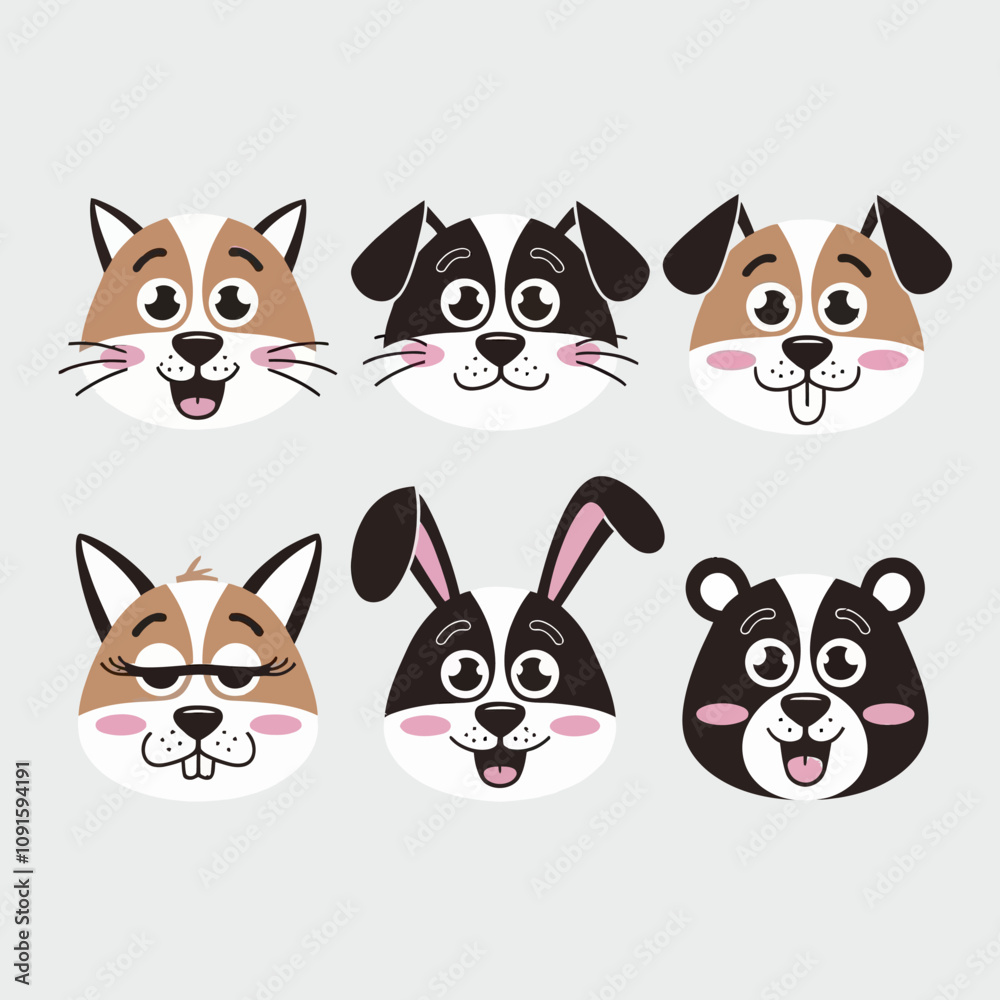 Fototapeta premium Playful Cartoon Faces Expressive Flat Color Character Emotions 