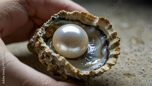 Inside an oyster shell that has been opened is a white pearl. photo