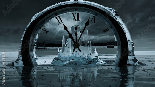 The urgency of time passing is symbolized by a melting ice clock devoid of numerals. photo