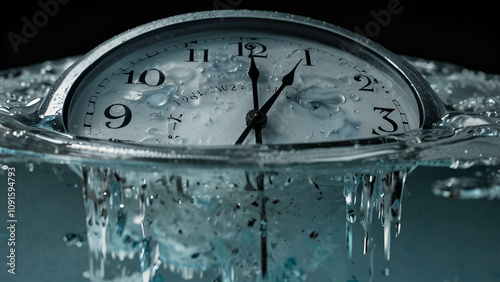 The urgency of time passing is symbolized by a melting ice clock devoid of numerals. photo