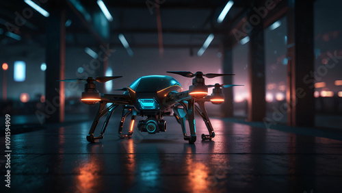 Futuristic drone with glowing wheels in a high-tech, modern environment.