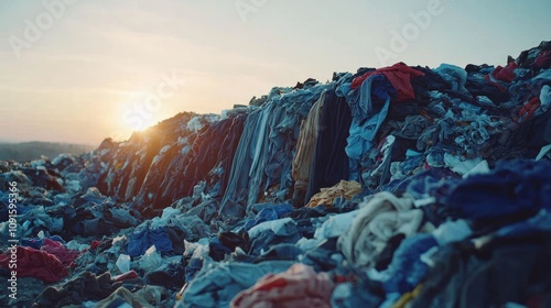 Clothes piled high in a landfill, illustrating the impact of fast fashion on waste accumulation. Concept: Landfill, Clothing Waste, Environmental Impact