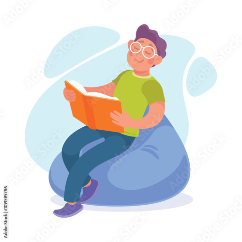 Young Man Sitting on Bean Bag and Reading Book Vector Illustration