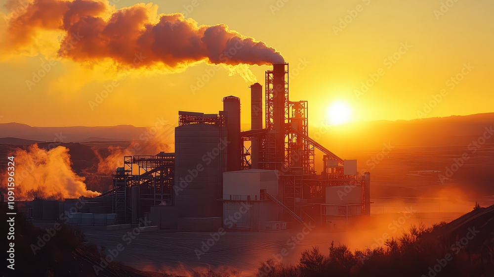 Fototapeta premium Industrial factory emitting smoke during sunset, highlighting environmental impact, production, and energy use against a dramatic orange sky.