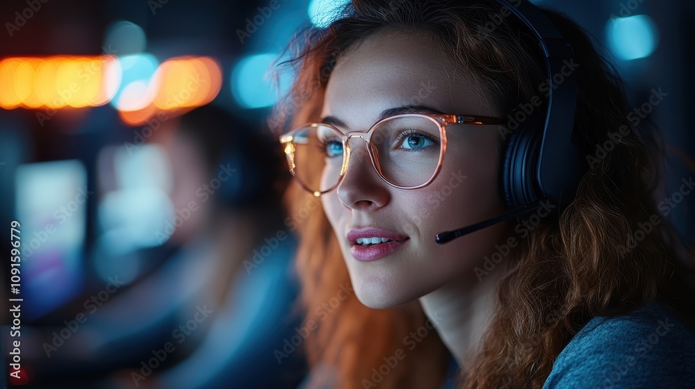 A young woman wearing glasses and a headset is illustrated in a modern workplace setting, demonstrating technology engagement and dedication to her task. A young woman wearing glasses and a headset is illustrated in a modern workplace setting, demonstrating technology engagement and dedication to her task.
