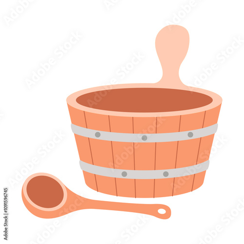 Bucket and ladle for bath and sauna. Vector illustration.