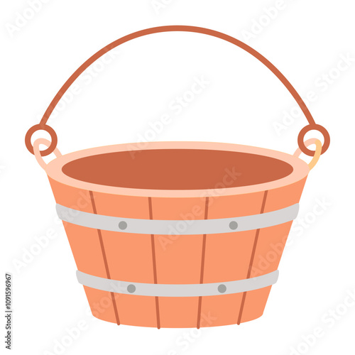 Wooden bath bucket with a handle. Accessory for bath and sauna. Vector illustration.