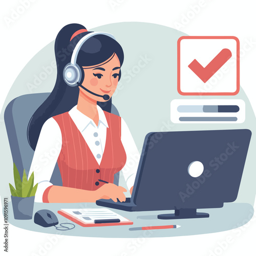 Flat illustration of operator of call center agent or customer service working in headphone and mic sitting at desk with laptop computer checklist and checkmark on a white background