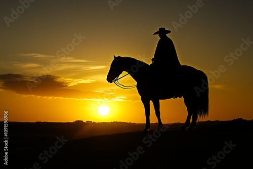 Silhueta de um gaúcho de chapéu e poncho em cima de um cavalo no campo ao amanhecer photo