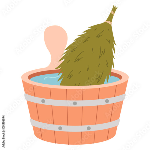 Wooden bucket with water and eucalyptus broom for bath. Vector illustration.