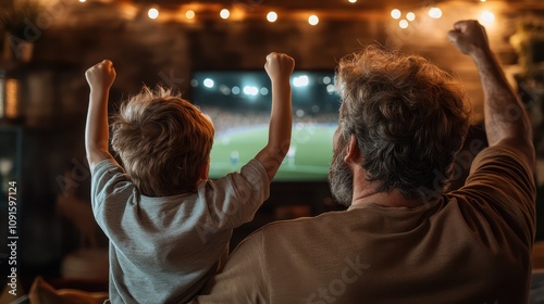 A parent and child are seen from behind, raising their arms victoriously while watching an exhilarating sports event on television at home. photo