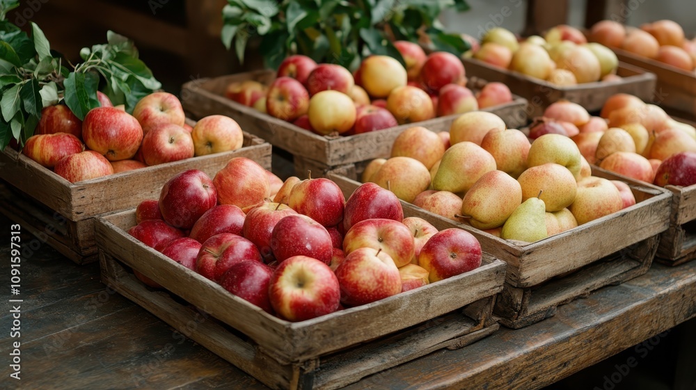 Numerous crates filled with red and yellow apples sit on a rustic wooden market table, showcasing a fresh and bountiful harvest ready for sale or consumption. Numerous crates filled with red and yellow apples sit on a rustic wooden market table, showcasing a fresh and bountiful harvest ready for sale or consumption.
