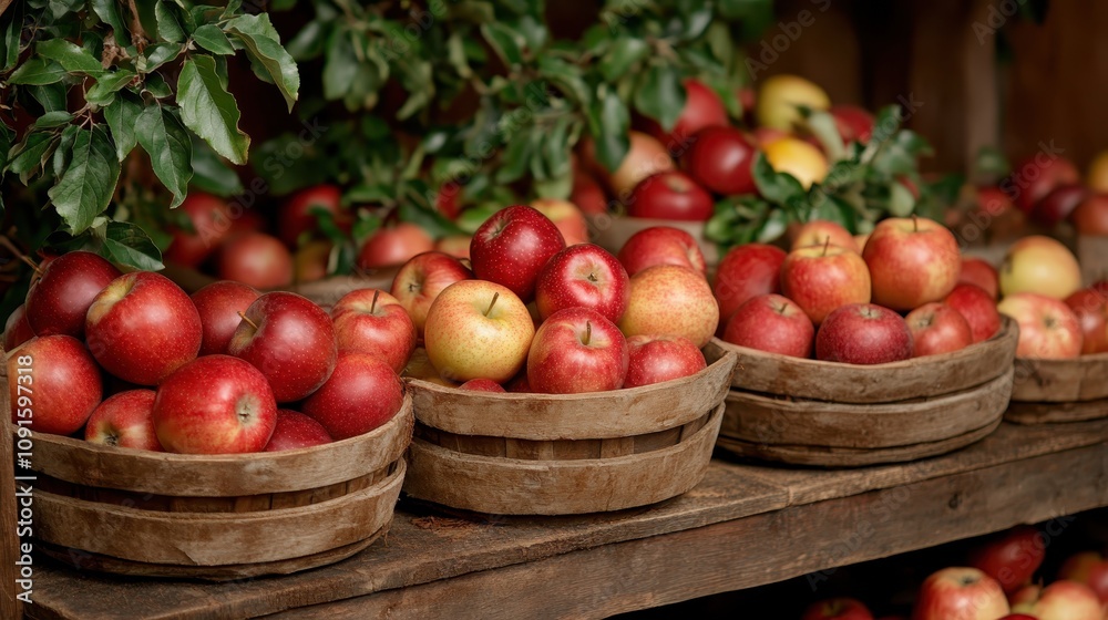 Rows of baskets brimming with red apples create a picturesque display at a local market stall, vividly capturing the essence of an autumn harvest in progress. Rows of baskets brimming with red apples create a picturesque display at a local market stall, vividly capturing the essence of an autumn harvest in progress.