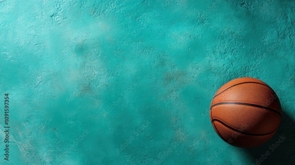 A basketball rests against a vivid teal textured background, combining the dynamic world of sports with a modern artistic aesthetic, capturing energy and movement in stillness. A basketball rests against a vivid teal textured background, combining the dynamic world of sports with a modern artistic aesthetic, capturing energy and movement in stillness.