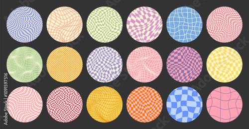 Groovy checkered pattern, round colorful tiled grid. Vintage wavy curved backdrop, distortion effect. Funky geometric chessboard texture, retro background in 90s style, y2k. Vector illustration