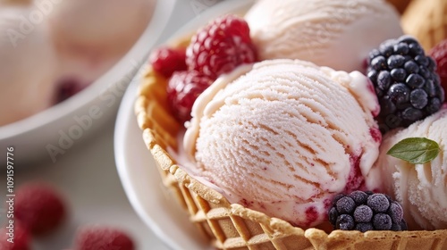 Scoops of creamy vanilla ice cream nestled in a waffle cone paired with fresh raspberries and blackberries, presenting a delightful, classic dessert. photo