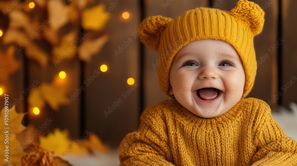 Adorable baby wears a cute yellow knit hat with bear ears and a matching sweater, exuding joy and warmth in a rich autumn setting with lights and leaves. Adorable baby wears a cute yellow knit hat with bear ears and a matching sweater, exuding joy and warmth in a rich autumn setting with lights and leaves.