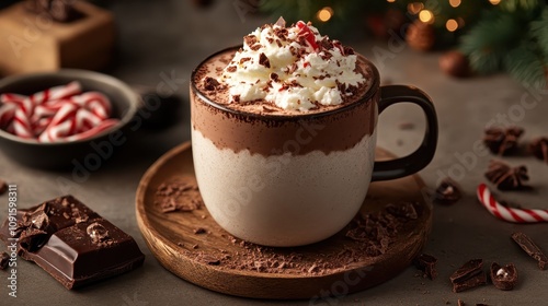 A scrumptious mug of hot chocolate topped with creamy whipped cream and sprinkled with crushed peppermint bits, set on a rustic wooden table with holiday decor. photo