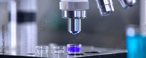 A close-up of a microscope with a blue liquid droplet and glass vials, highlighting scientific research and laboratory work.