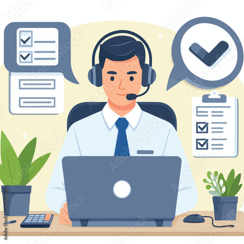 Flat illustration of operator of call center agent or customer service working in headphone and mic sitting at desk with laptop computer checklist and checkmark on a white background