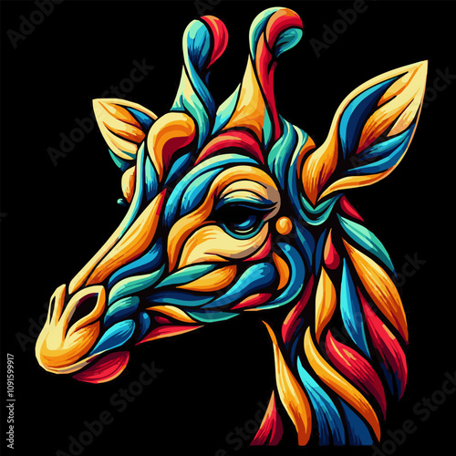 The giraffe's head. Multicolored mandala on a black background. For printing on clothes, cups and other design solutions