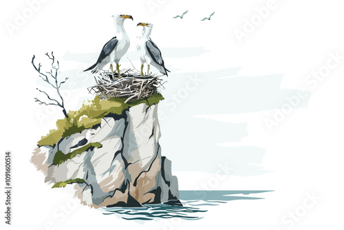 Birds Nesting on Coastal Cliffs isolated illustration