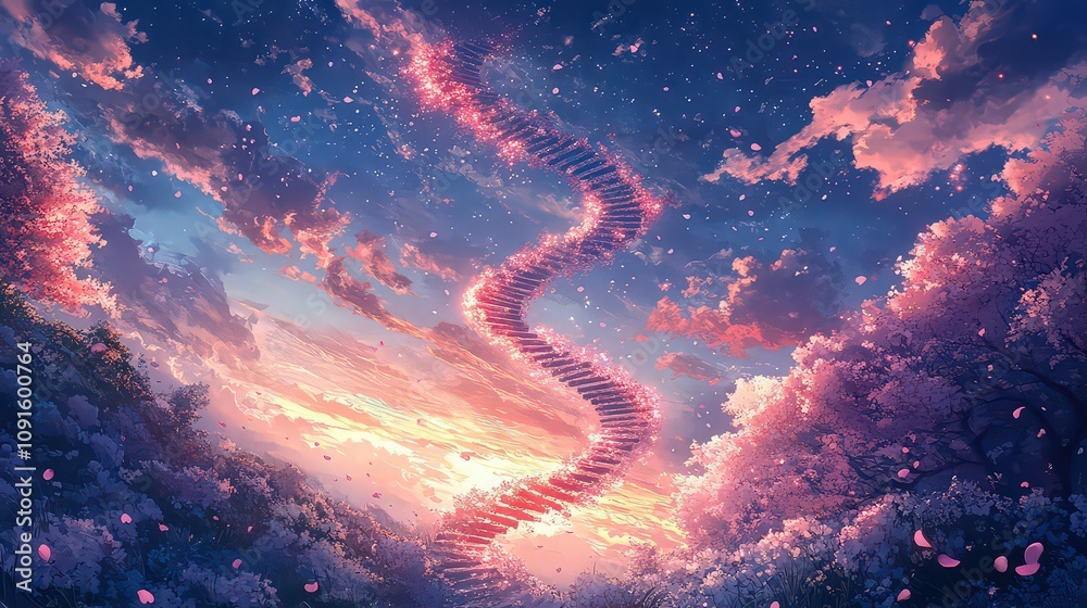 Spiral staircase glowing in sky surrounded by vibrant clouds and twilight, representing a journey, spirituality, or fantasy-inspired visions. Spiral staircase glowing in sky surrounded by vibrant clouds and twilight, representing a journey, spirituality, or fantasy-inspired visions.