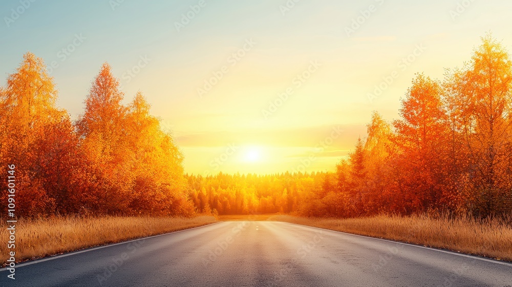 Fototapeta premium Scenic Autumn Road at Sunset Fall Foliage Asphalt Highway Golden Hour