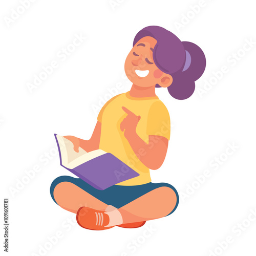 Young Woman Sitting and Reading Book Vector Illustration