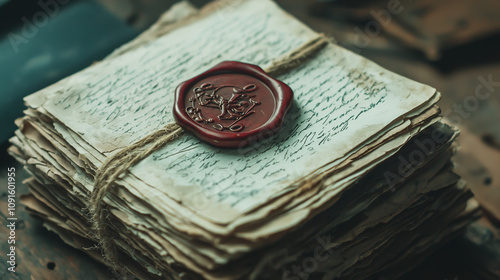 Stack of aged documents tied with twine and sealed with a red wax stamp.  
 photo