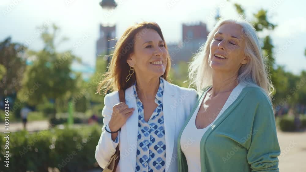 Beautiful senior women bonding outdoors in the city - Attractive cheerful mature female friends having fun, shopping and bonding, concepts about elderly lifestyle	