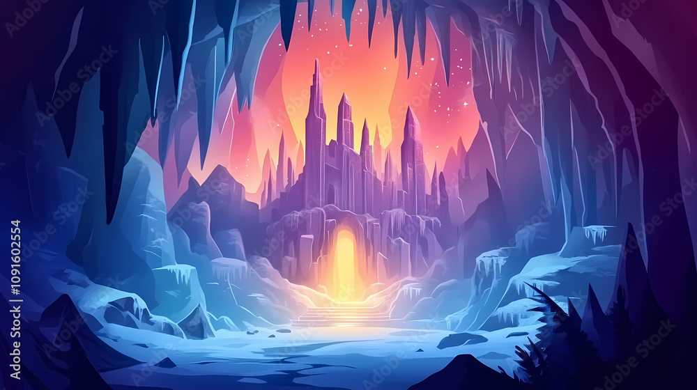 Fototapeta premium Mysterious ruins of an ancient castle deep within an icy cavern. Frozen Crystal Cavern. Illustration