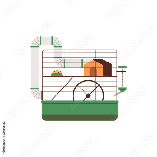 Hamster green cage with tunnel, exercise wheel, ladder, water bottle, feed, vector home for little pet animal, mouse rat