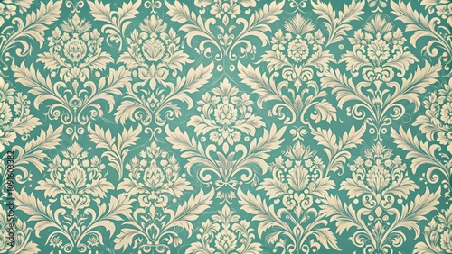 Muted Teal Floral Damask Pattern With Vintage Elegance in Standard Scale. Generative AI photo