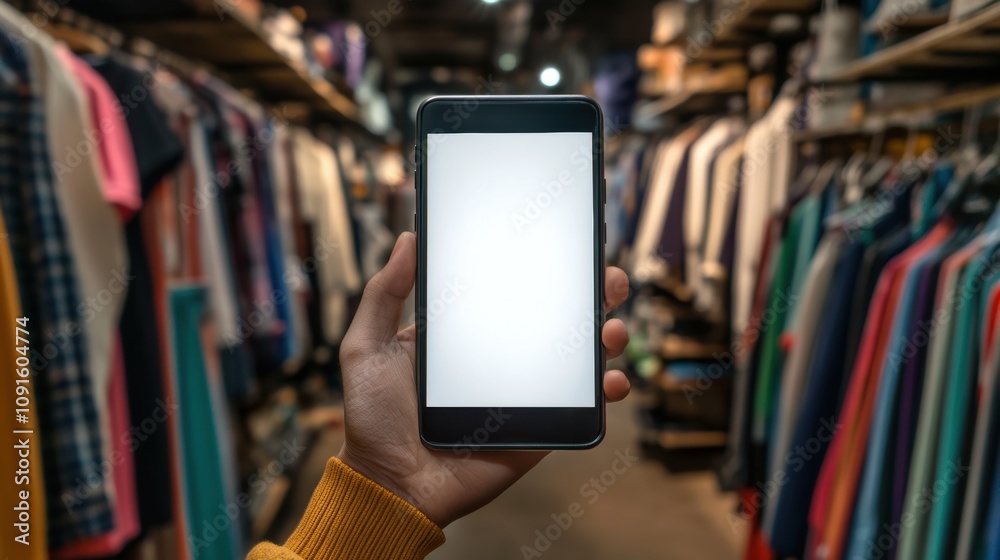 Hand holding a smart phone with blank screen for text in store in holiday shopping season Hand holding a smart phone with blank screen for text in store in holiday shopping season