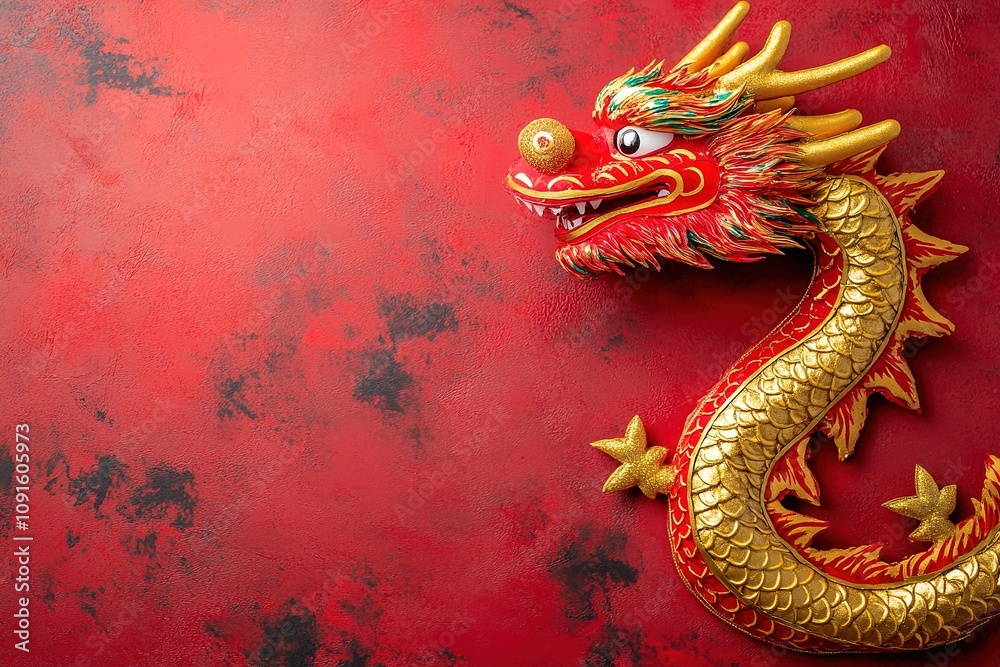 Obraz premium Golden dragon on a red textured background, Asian symbol.