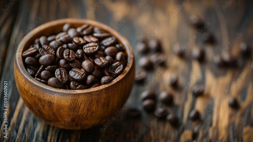 Fototapeta premium Wooden bowl filled with coffee beans on rustic surface