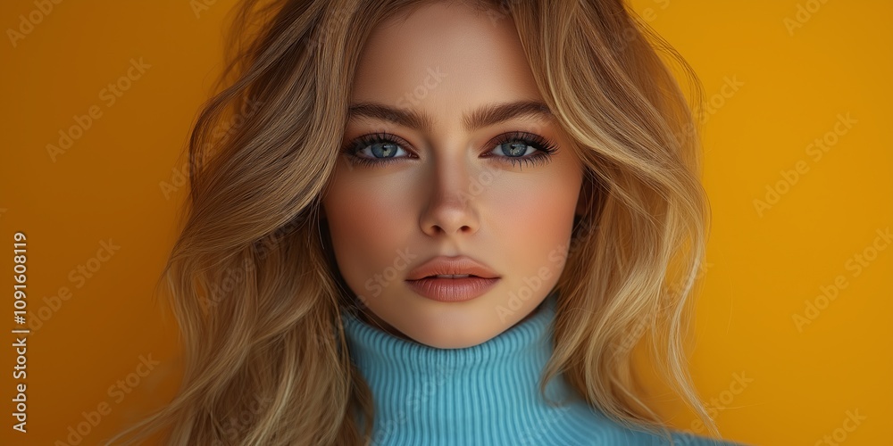Obraz premium Face of a young woman, professional photograph. Photo in modern style on yellow background