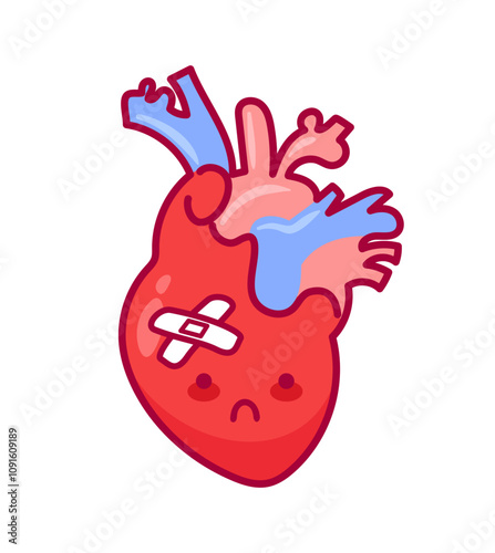 Heart. Cute character in kawaii style. Diseased organ, cardiac surgery, cardiovascular system. Vector illustration, flat style. Health problems. Medical brochure template.
