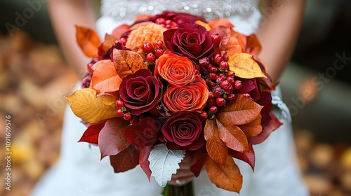 Vibrant autumn bouquet with colorful flowers and leaves in a beautiful arrangement photo