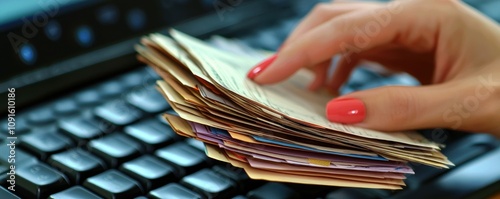 Womana??s hand holding documents above a keyboard. photo