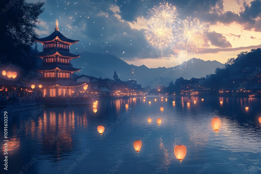 Obraz premium Water lanterns floating on a lake with fireworks in the background near a traditional Chinese pagoda at dusk. Scenic view. Lantern festival and cultural celebration concept for greeting cards and post
