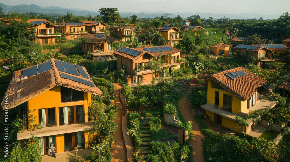 Fototapeta premium Eco-Friendly Village: Sustainable Homes, Solar Panels, Green Landscape