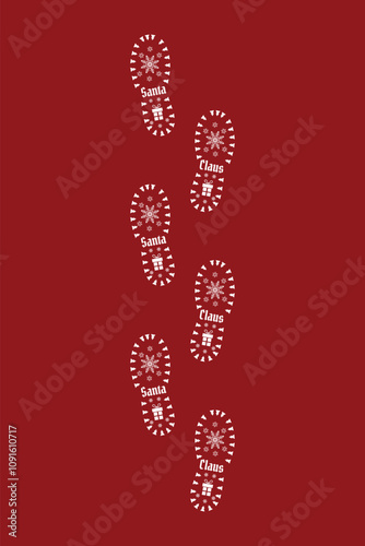 Santa Claus Footprints. Christmas, New Year, presents and miracles. Santa's snowy shoe prints. Santa's footprints with presents and snowflakes.