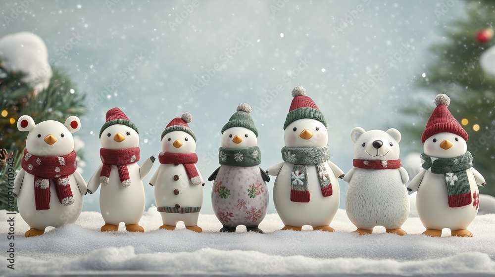 Obraz premium Figures of Whimsical Snowmen in Lines on Snow with Snowy Background