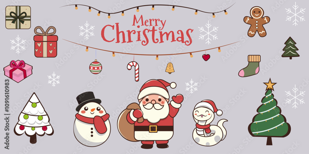 Fototapeta premium Christmas set, Santa Claus, Snowman and snake. Gifts, Christmas Tree and christmas elements for design.