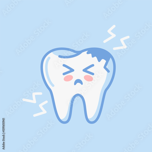 Tooth. Cute character in kawaii style. Diseased organ, digestive system. Caries, crack. Pulpitis. Vector illustration, flat style. Health problems. For sticker, books, design element. Medical brochure